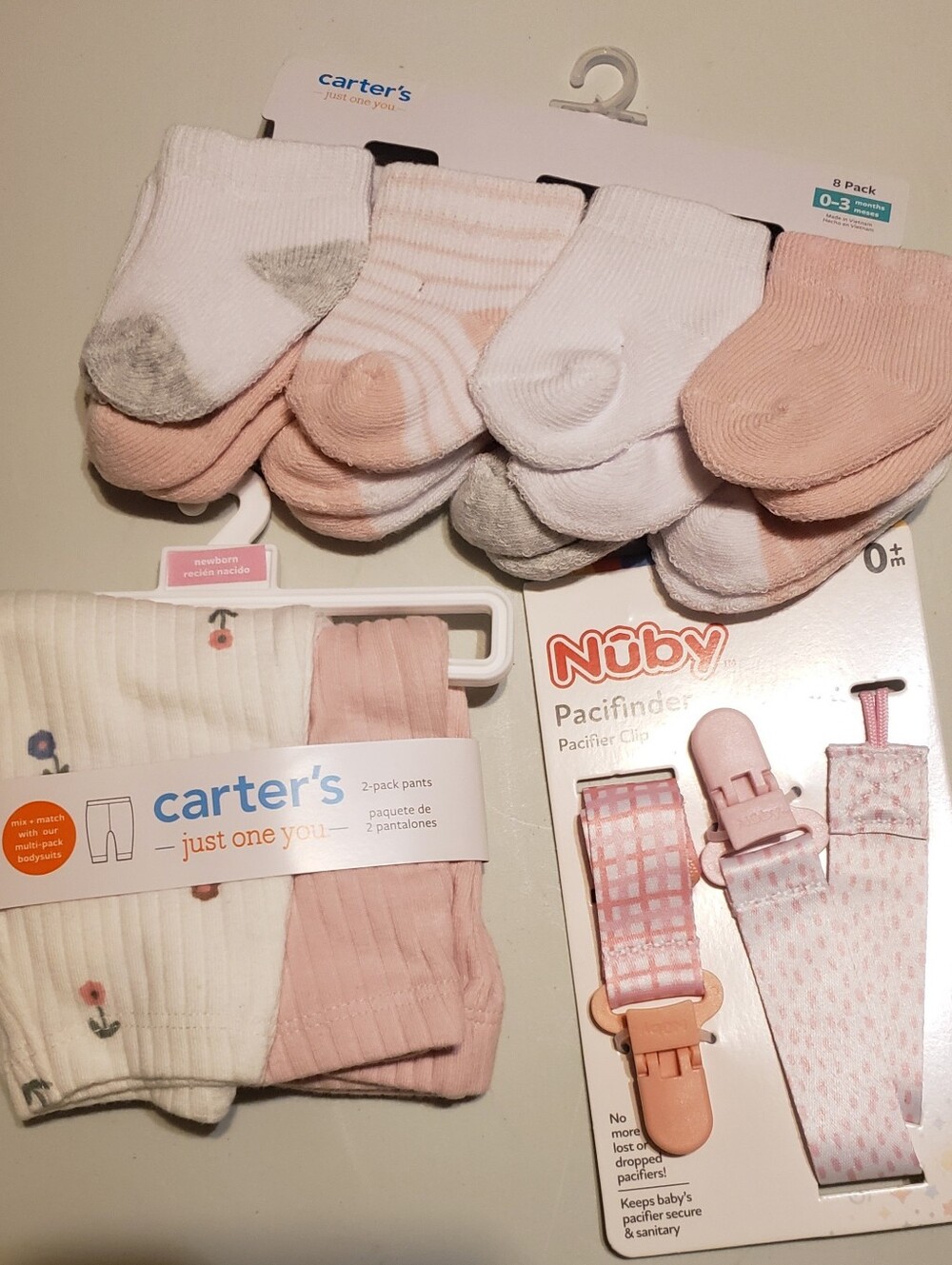 Carter's Baby Socks, Pants & Nuby Pacifier Clip - White, Pink, Gray